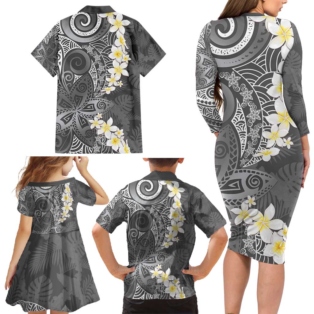 Gray Polynesian Tribal Frangipani Tropical Vibe Family Matching Long Sleeve Bodycon Dress and Hawaiian Shirt LT14 - Polynesian Pride