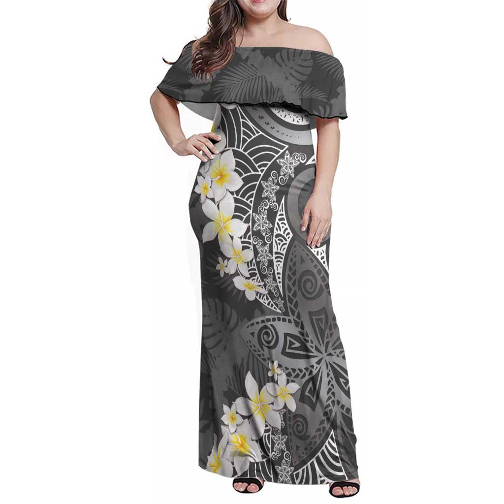 Gray Polynesian Tribal Frangipani Tropical Vibe Family Matching Off Shoulder Maxi Dress and Hawaiian Shirt LT14 Mom's Dress Gray - Polynesian Pride