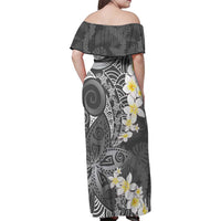 Gray Polynesian Tribal Frangipani Tropical Vibe Family Matching Off Shoulder Maxi Dress and Hawaiian Shirt LT14 - Polynesian Pride