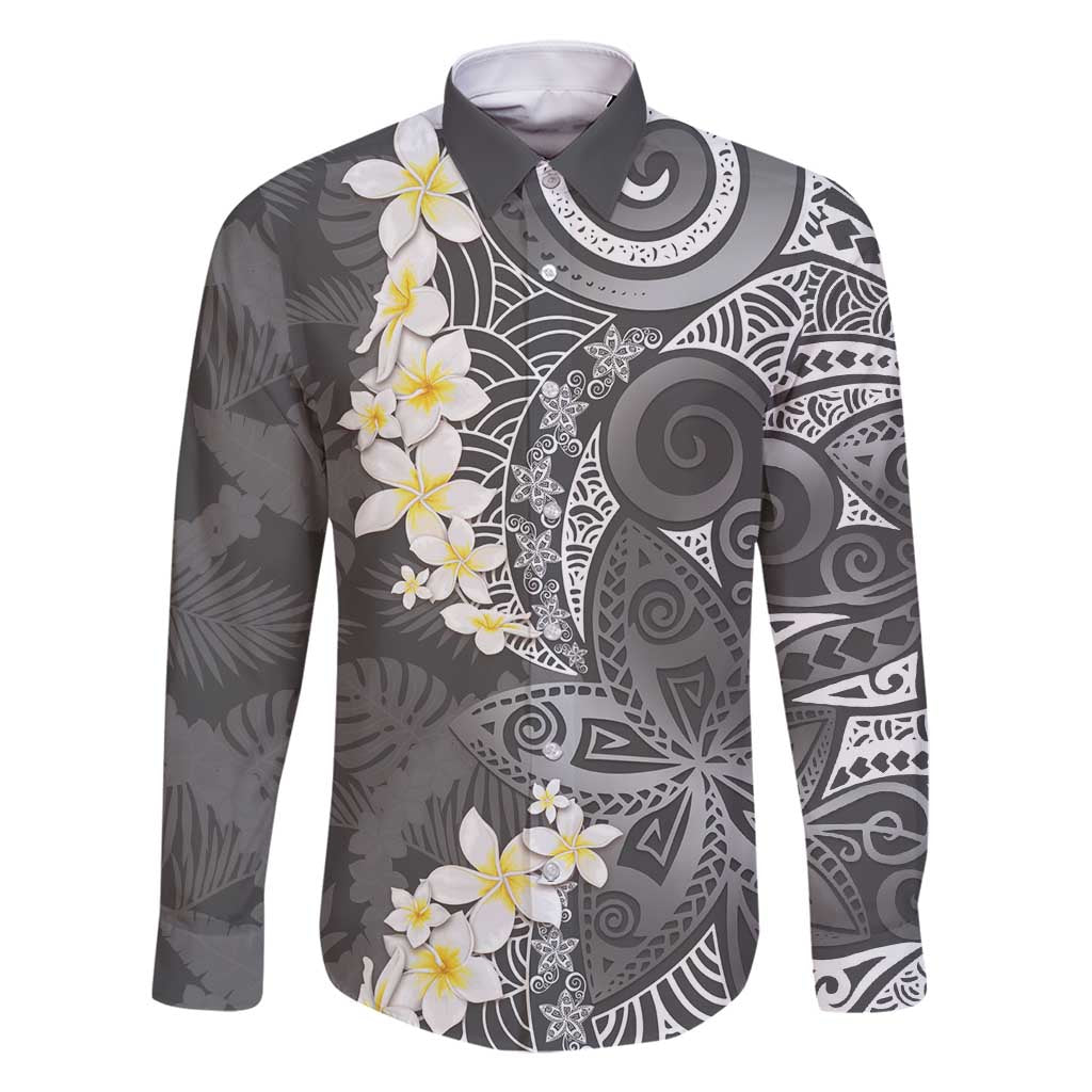 Gray Polynesian Tribal Frangipani Tropical Vibe Family Matching Off Shoulder Short Dress and Hawaiian Shirt LT14 Dad's Shirt - Long Sleeve Gray - Polynesian Pride