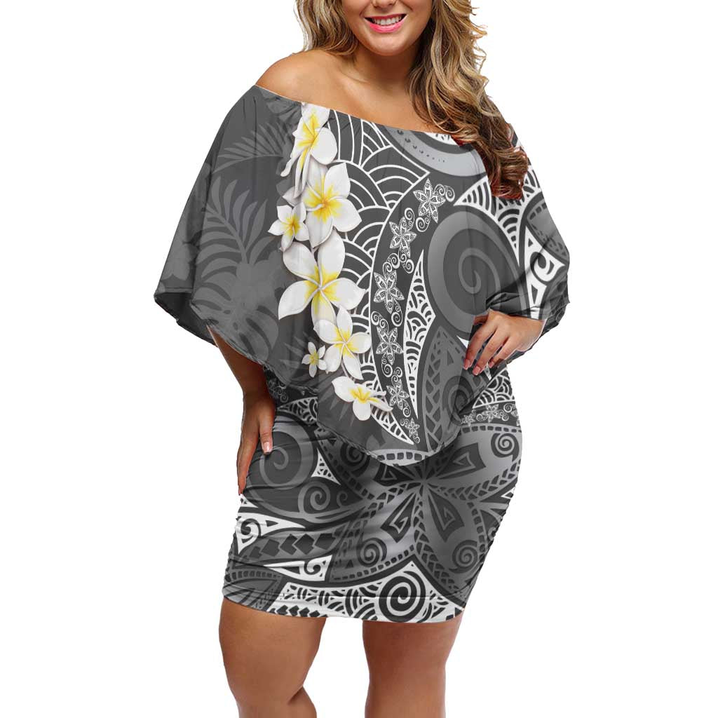 Gray Polynesian Tribal Frangipani Tropical Vibe Family Matching Off Shoulder Short Dress and Hawaiian Shirt LT14 Mom's Dress Gray - Polynesian Pride