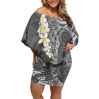 Gray Polynesian Tribal Frangipani Tropical Vibe Family Matching Off Shoulder Short Dress and Hawaiian Shirt LT14 Mom's Dress Gray - Polynesian Pride