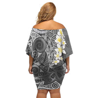 Gray Polynesian Tribal Frangipani Tropical Vibe Family Matching Off Shoulder Short Dress and Hawaiian Shirt LT14 - Polynesian Pride