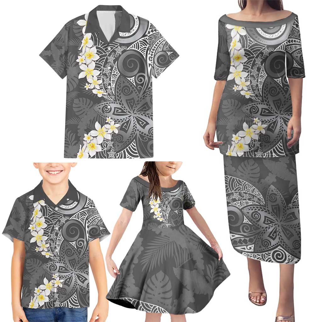 Gray Polynesian Tribal Frangipani Tropical Vibe Family Matching Puletasi and Hawaiian Shirt LT14 - Polynesian Pride
