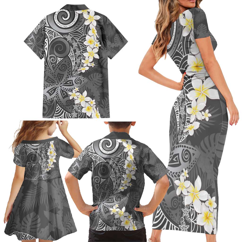Gray Polynesian Tribal Frangipani Tropical Vibe Family Matching Short Sleeve Bodycon Dress and Hawaiian Shirt LT14 - Polynesian Pride