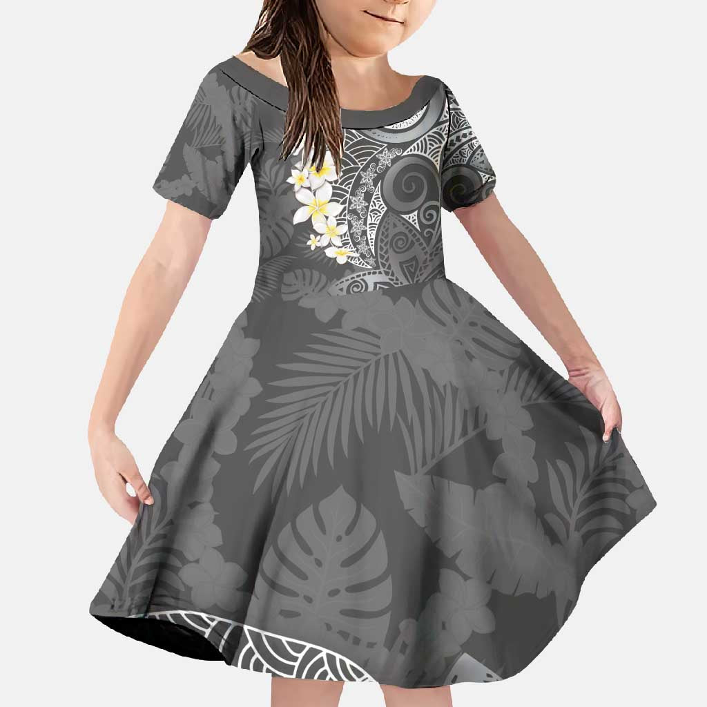 Gray Polynesian Tribal Frangipani Tropical Vibe Family Matching Summer Maxi Dress and Hawaiian Shirt LT14 Daughter's Dress Gray - Polynesian Pride