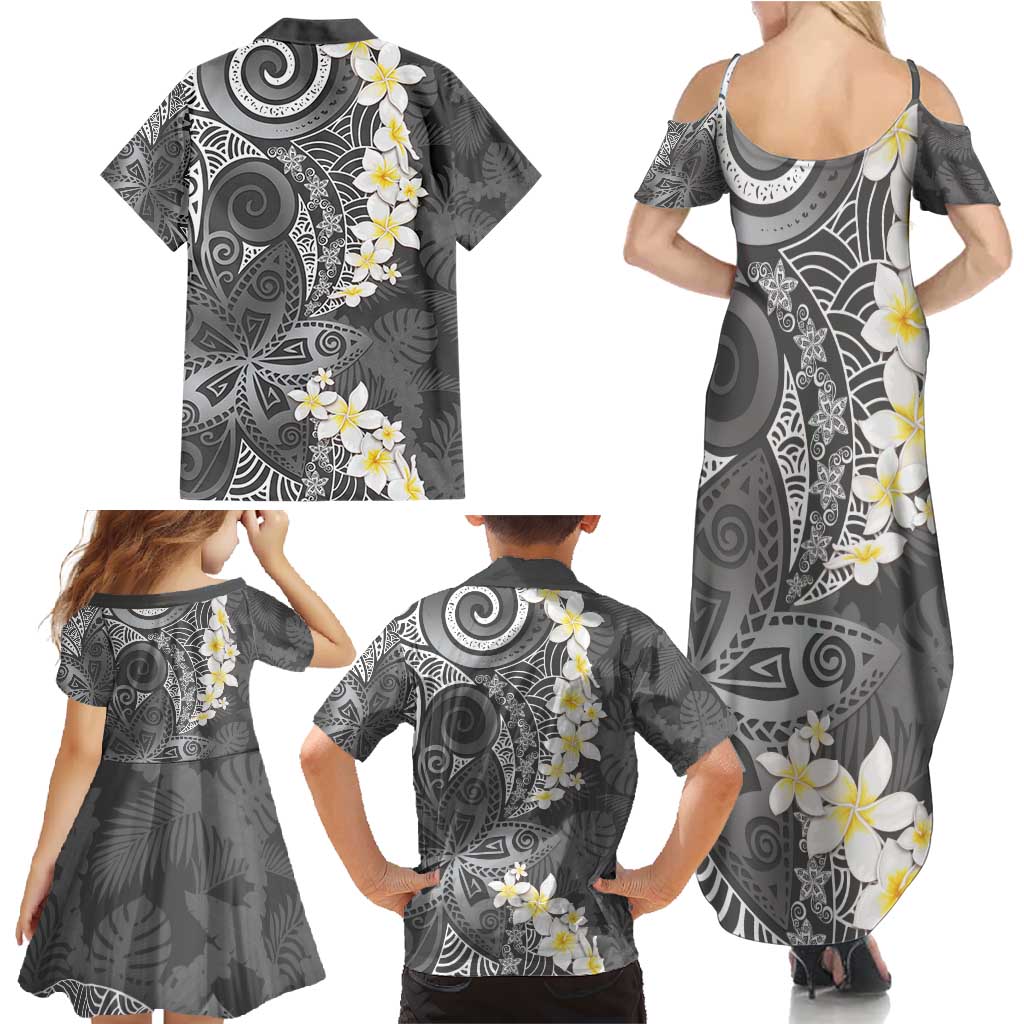 Gray Polynesian Tribal Frangipani Tropical Vibe Family Matching Summer Maxi Dress and Hawaiian Shirt LT14 - Polynesian Pride