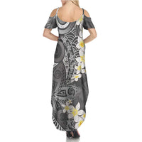 Gray Polynesian Tribal Frangipani Tropical Vibe Family Matching Summer Maxi Dress and Hawaiian Shirt LT14 - Polynesian Pride