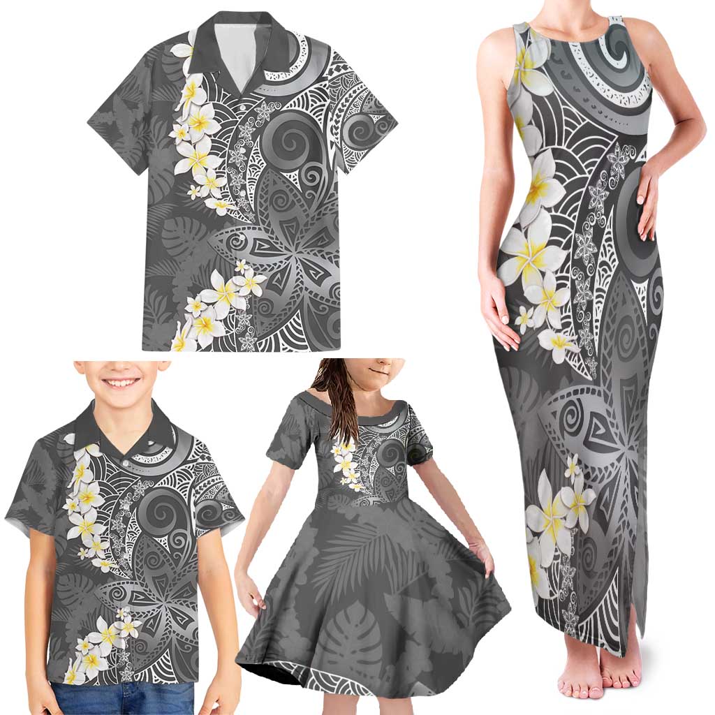 Gray Polynesian Tribal Frangipani Tropical Vibe Family Matching Tank Maxi Dress and Hawaiian Shirt LT14 - Polynesian Pride