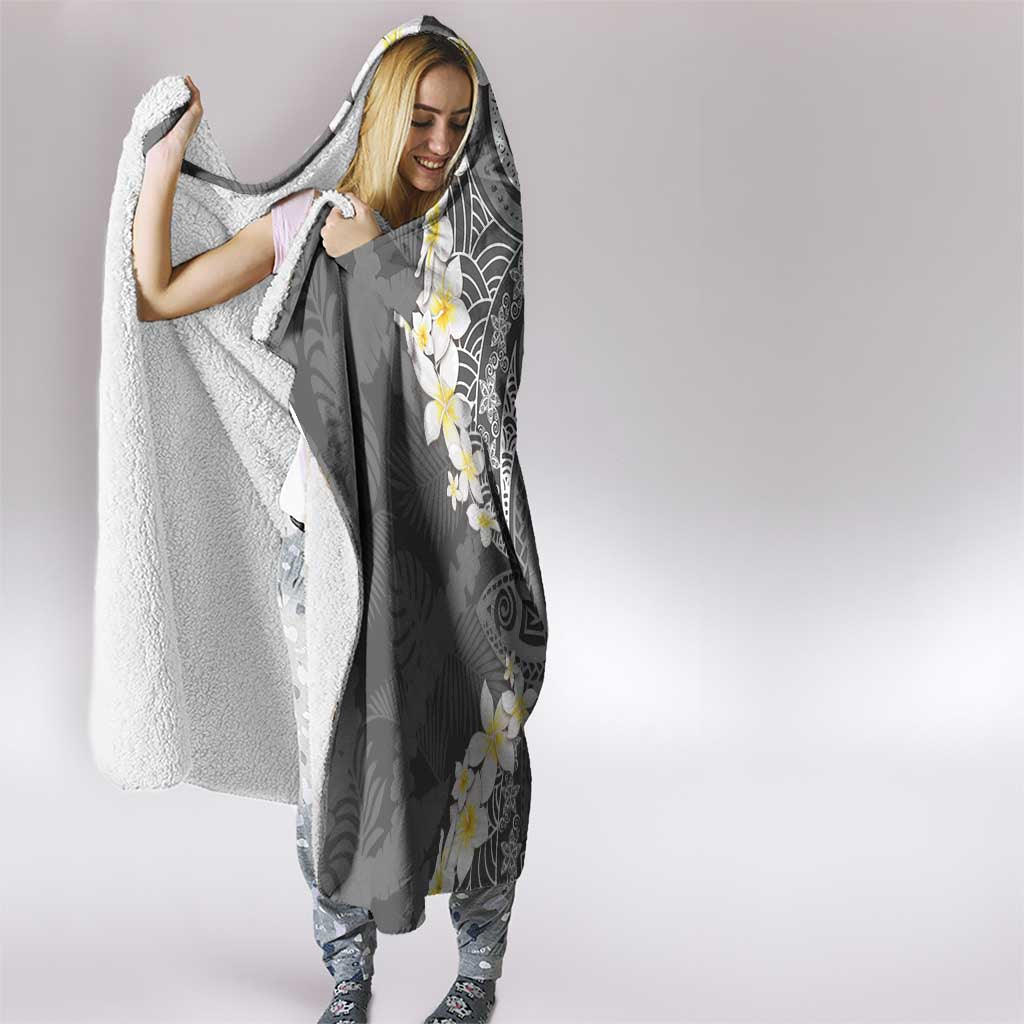 Gray Polynesian Tribal Frangipani Tropical Vibe Hooded Blanket
