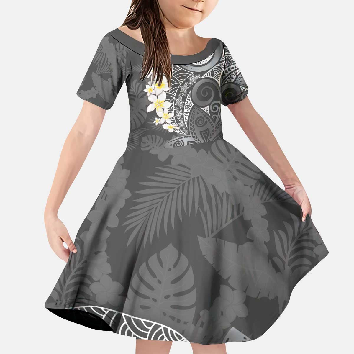 Gray Polynesian Tribal Frangipani Tropical Vibe Kid Short Sleeve Dress LT14 KID Gray - Polynesian Pride