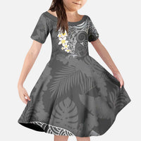 Gray Polynesian Tribal Frangipani Tropical Vibe Kid Short Sleeve Dress LT14 KID Gray - Polynesian Pride