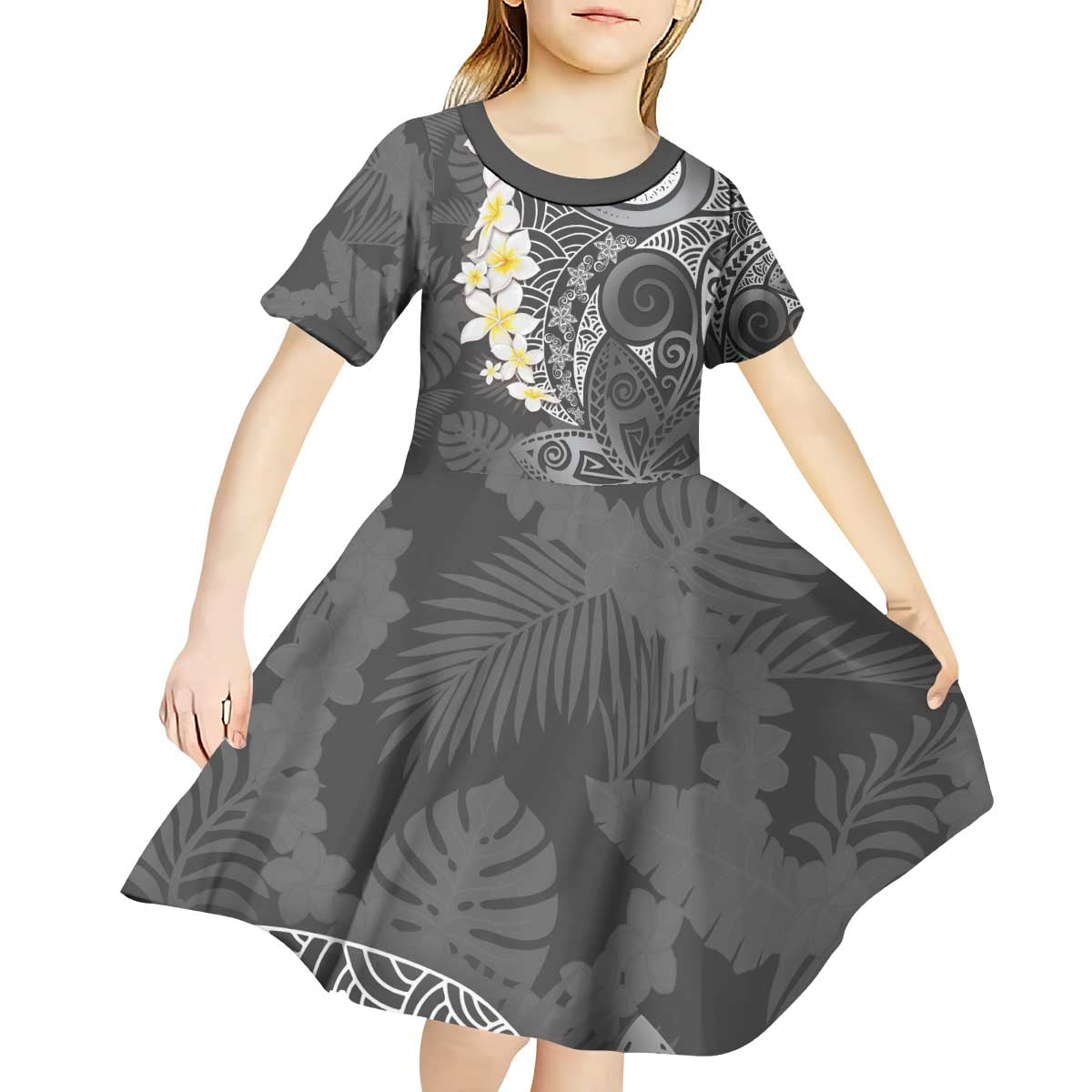 Gray Polynesian Tribal Frangipani Tropical Vibe Kid Short Sleeve Dress LT14 - Polynesian Pride
