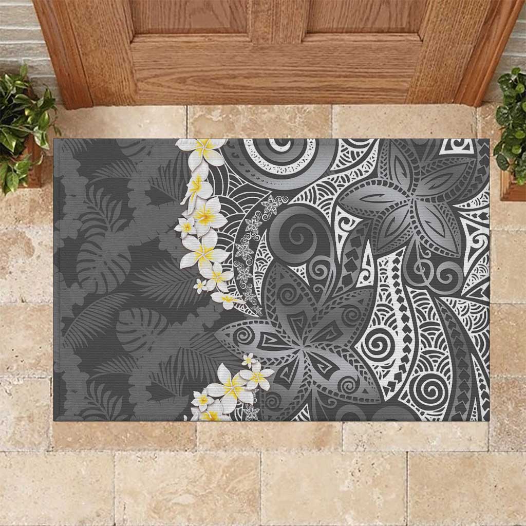 Gray Polynesian Tribal Frangipani Tropical Vibe Rubber Doormat