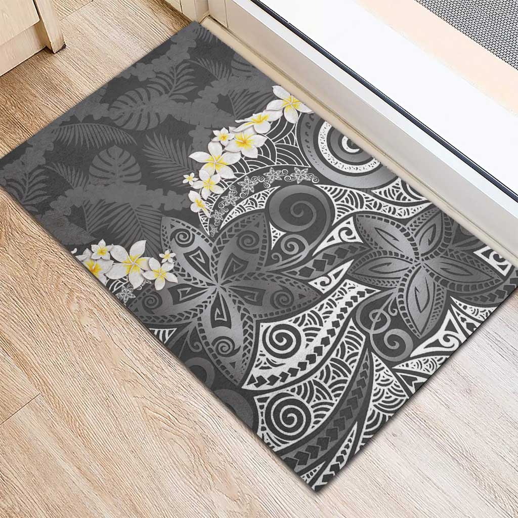 Gray Polynesian Tribal Frangipani Tropical Vibe Rubber Doormat