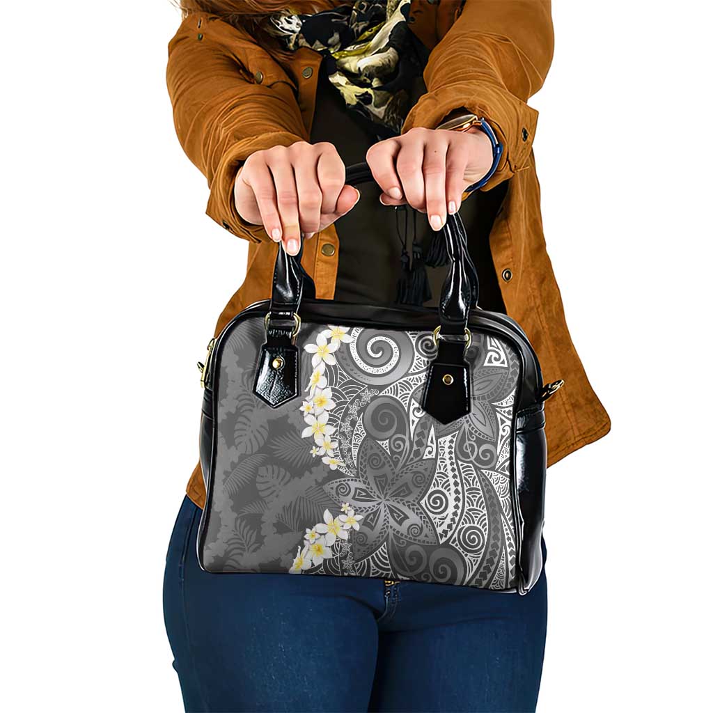 Gray Polynesian Tribal Frangipani Tropical Vibe Shoulder Handbag