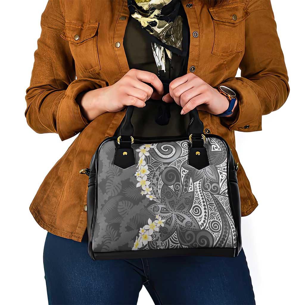 Gray Polynesian Tribal Frangipani Tropical Vibe Shoulder Handbag