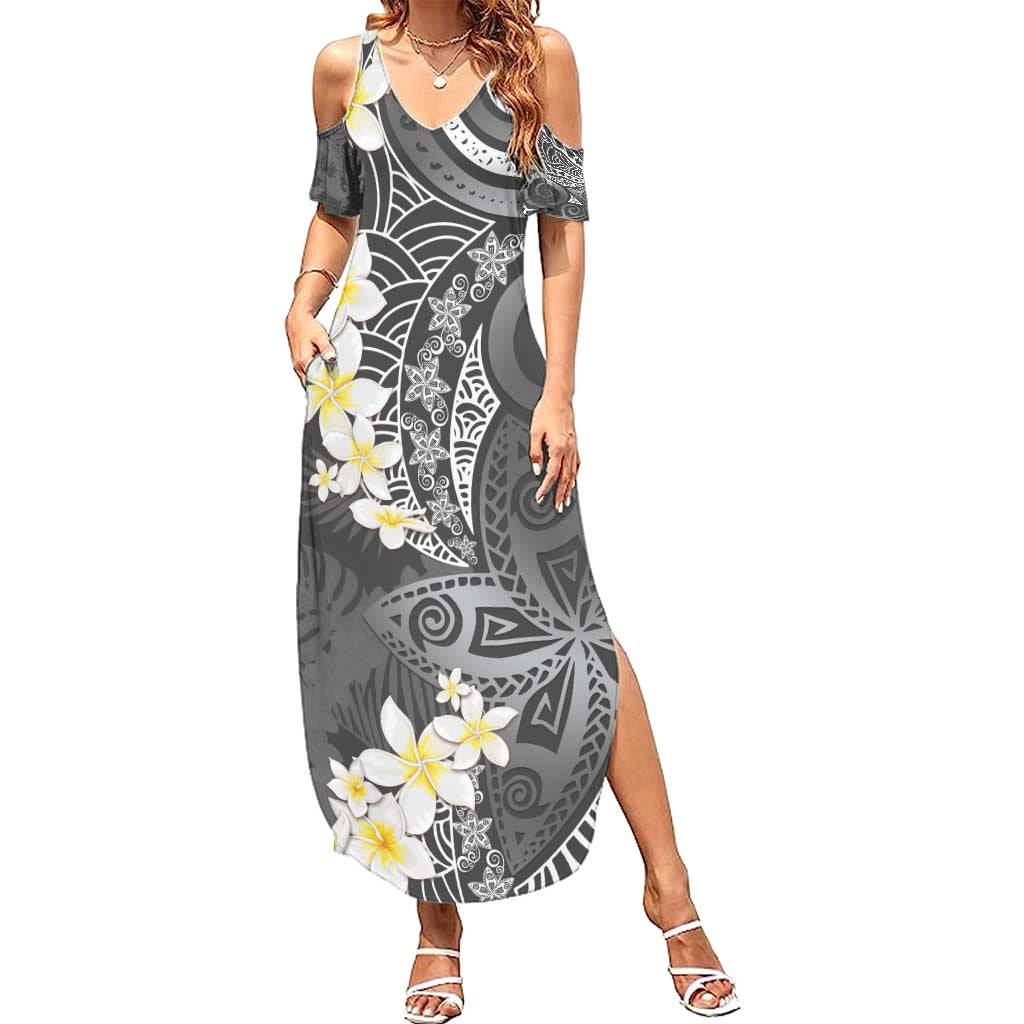 Gray Polynesian Tribal Frangipani Tropical Vibe Summer Maxi Dress