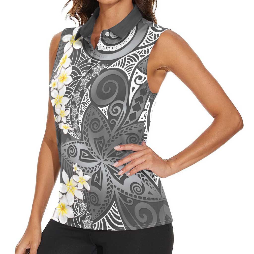 Gray Polynesian Tribal Frangipani Tropical Vibe Women Sleeveless Polo Shirt LT14 - Polynesian Pride
