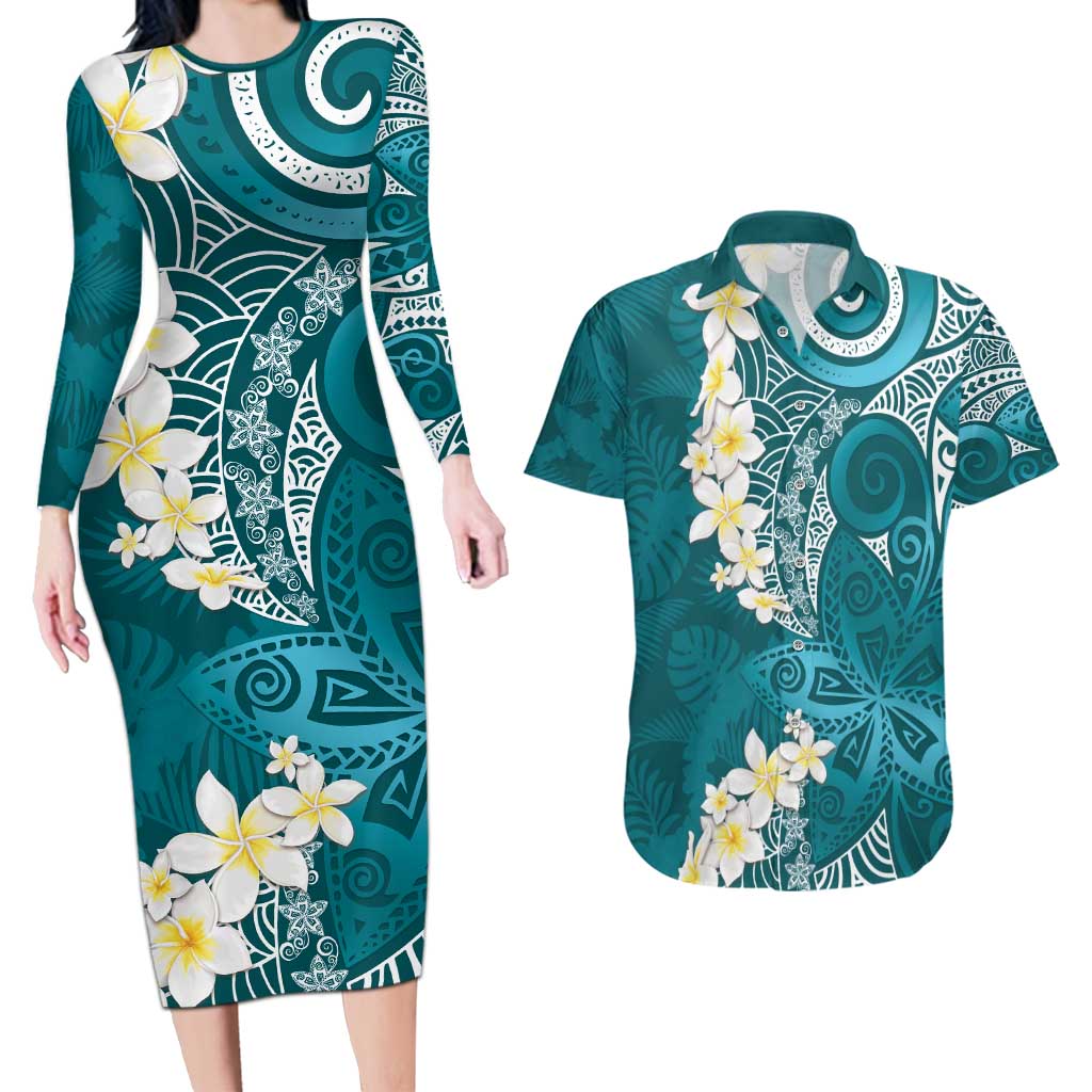 Cyan Polynesian Tribal Frangipani Tropical Vibe Couples Matching Long Sleeve Bodycon Dress and Hawaiian Shirt LT14 Cyan - Polynesian Pride