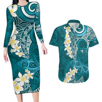 Cyan Polynesian Tribal Frangipani Tropical Vibe Couples Matching Long Sleeve Bodycon Dress and Hawaiian Shirt LT14 Cyan - Polynesian Pride