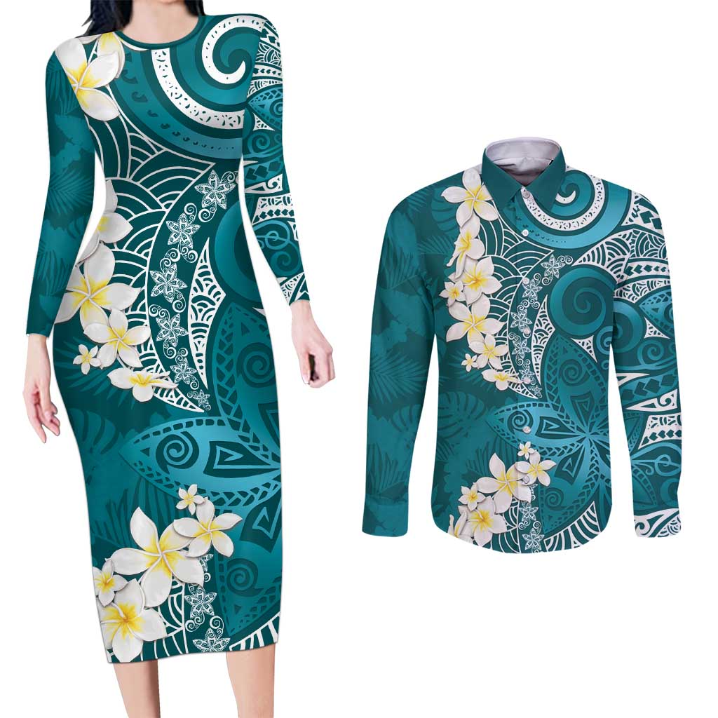 Cyan Polynesian Tribal Frangipani Tropical Vibe Couples Matching Long Sleeve Bodycon Dress and Long Sleeve Button Shirt LT14 Cyan - Polynesian Pride