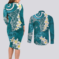 Cyan Polynesian Tribal Frangipani Tropical Vibe Couples Matching Long Sleeve Bodycon Dress and Long Sleeve Button Shirt LT14 - Polynesian Pride