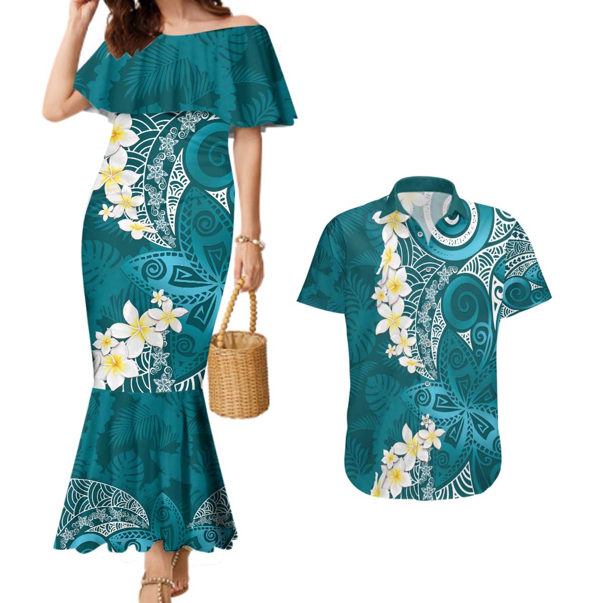 Cyan Polynesian Tribal Frangipani Tropical Vibe Couples Matching Mermaid Dress and Hawaiian Shirt LT14 Cyan - Polynesian Pride