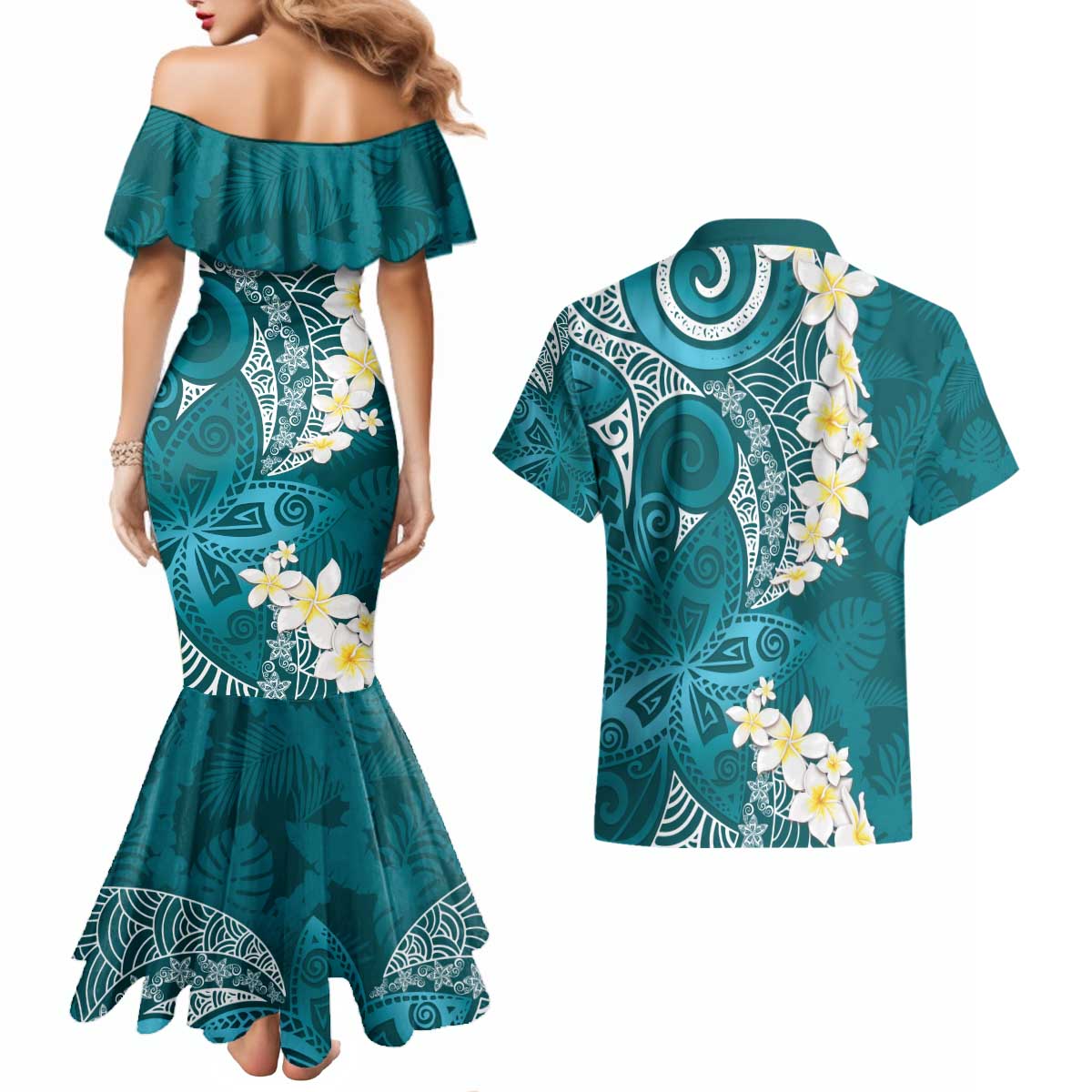 Cyan Polynesian Tribal Frangipani Tropical Vibe Couples Matching Mermaid Dress and Hawaiian Shirt LT14 - Polynesian Pride