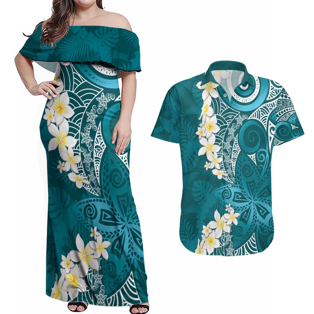 Cyan Polynesian Tribal Frangipani Tropical Vibe Couples Matching Off Shoulder Maxi Dress and Hawaiian Shirt LT14 Cyan - Polynesian Pride