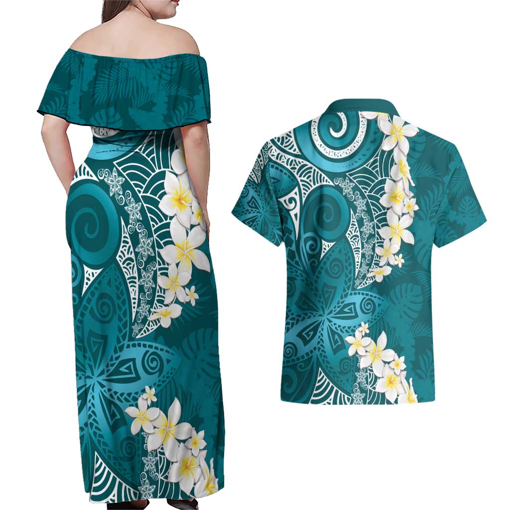 Cyan Polynesian Tribal Frangipani Tropical Vibe Couples Matching Off Shoulder Maxi Dress and Hawaiian Shirt LT14 - Polynesian Pride