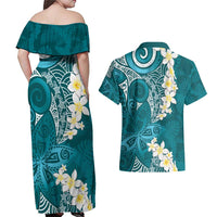 Cyan Polynesian Tribal Frangipani Tropical Vibe Couples Matching Off Shoulder Maxi Dress and Hawaiian Shirt LT14 - Polynesian Pride