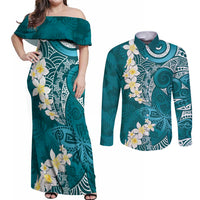 Cyan Polynesian Tribal Frangipani Tropical Vibe Couples Matching Off Shoulder Maxi Dress and Long Sleeve Button Shirt LT14 Cyan - Polynesian Pride