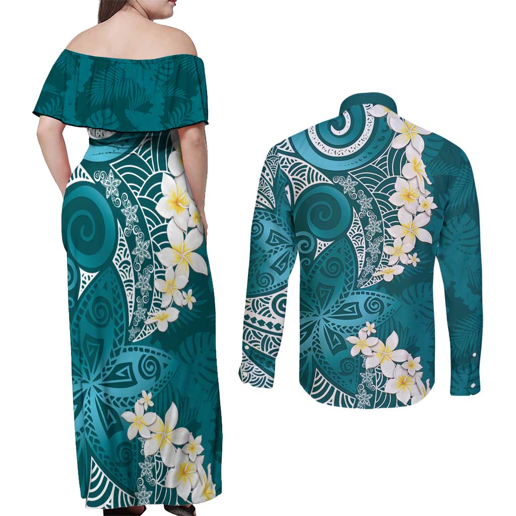 Cyan Polynesian Tribal Frangipani Tropical Vibe Couples Matching Off Shoulder Maxi Dress and Long Sleeve Button Shirt LT14 - Polynesian Pride