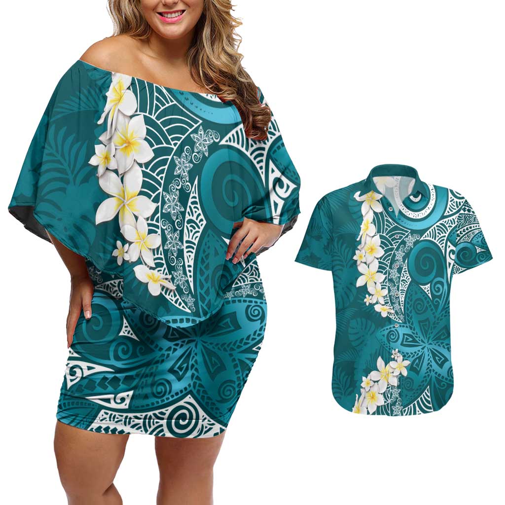 Cyan Polynesian Tribal Frangipani Tropical Vibe Couples Matching Off Shoulder Short Dress and Hawaiian Shirt LT14 Cyan - Polynesian Pride