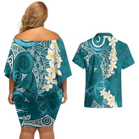 Cyan Polynesian Tribal Frangipani Tropical Vibe Couples Matching Off Shoulder Short Dress and Hawaiian Shirt LT14 - Polynesian Pride