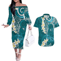 Cyan Polynesian Tribal Frangipani Tropical Vibe Couples Matching Off The Shoulder Long Sleeve Dress and Hawaiian Shirt LT14 Cyan - Polynesian Pride