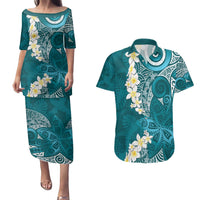Cyan Polynesian Tribal Frangipani Tropical Vibe Couples Matching Puletasi and Hawaiian Shirt LT14 Cyan - Polynesian Pride