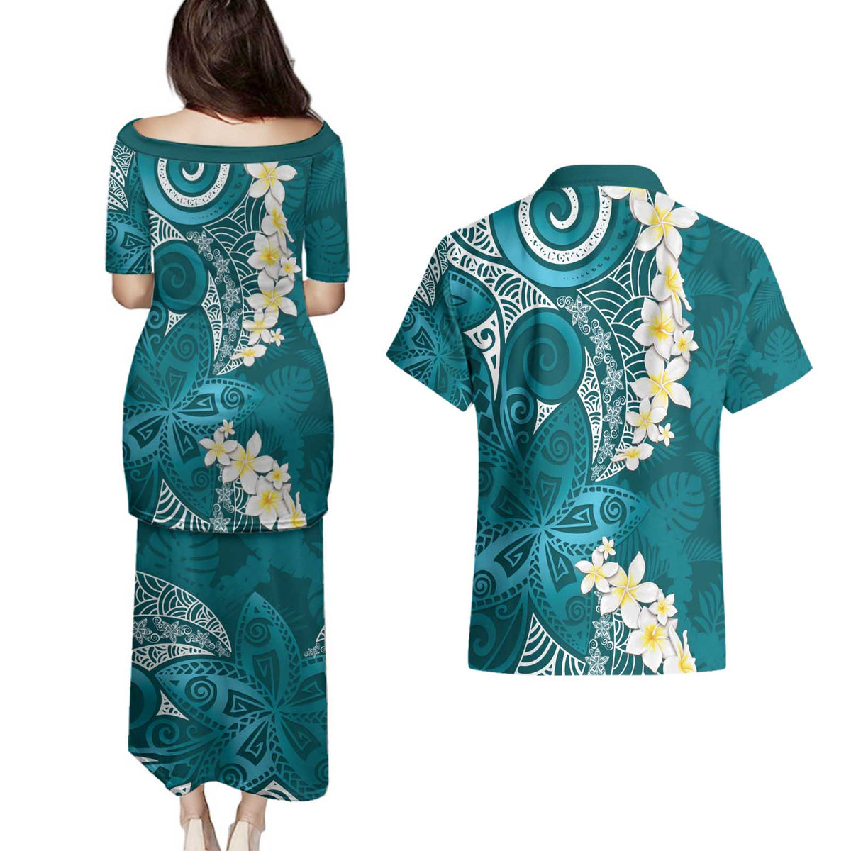 Cyan Polynesian Tribal Frangipani Tropical Vibe Couples Matching Puletasi and Hawaiian Shirt LT14 - Polynesian Pride