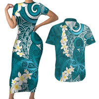 Cyan Polynesian Tribal Frangipani Tropical Vibe Couples Matching Short Sleeve Bodycon Dress and Hawaiian Shirt LT14 Cyan - Polynesian Pride