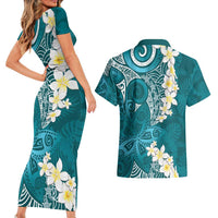 Cyan Polynesian Tribal Frangipani Tropical Vibe Couples Matching Short Sleeve Bodycon Dress and Hawaiian Shirt LT14 - Polynesian Pride