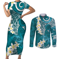 Cyan Polynesian Tribal Frangipani Tropical Vibe Couples Matching Short Sleeve Bodycon Dress and Long Sleeve Button Shirt LT14 Cyan - Polynesian Pride