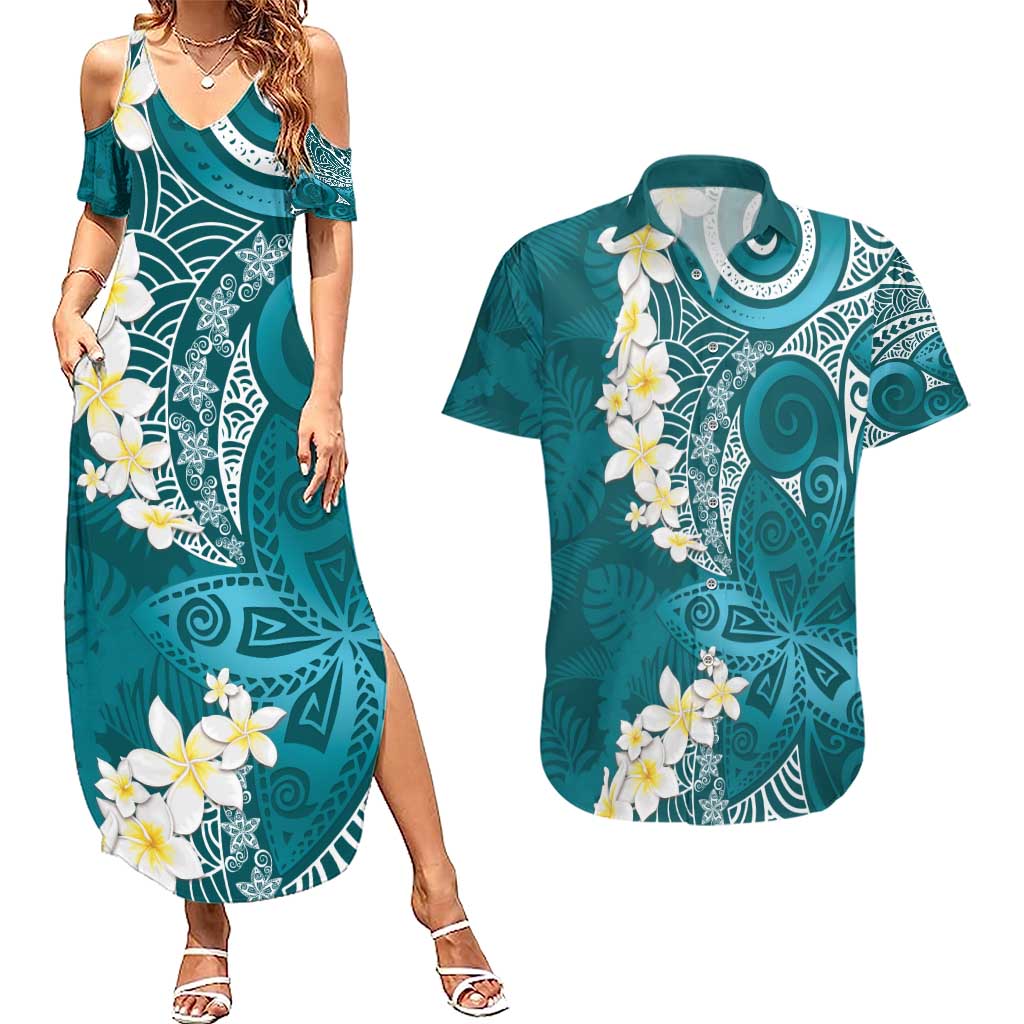 Cyan Polynesian Tribal Frangipani Tropical Vibe Couples Matching Summer Maxi Dress and Hawaiian Shirt LT14 Cyan - Polynesian Pride