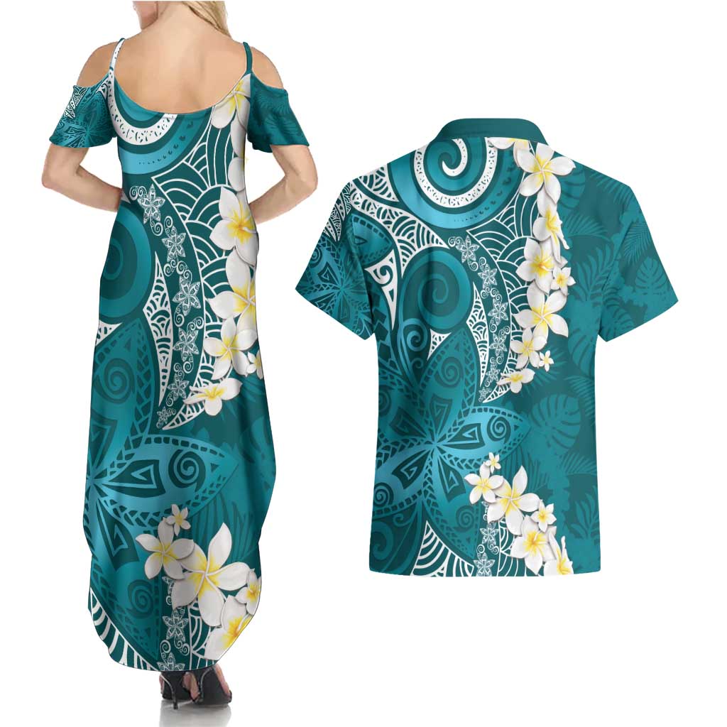 Cyan Polynesian Tribal Frangipani Tropical Vibe Couples Matching Summer Maxi Dress and Hawaiian Shirt LT14 - Polynesian Pride
