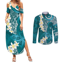 Cyan Polynesian Tribal Frangipani Tropical Vibe Couples Matching Summer Maxi Dress and Long Sleeve Button Shirt LT14 Cyan - Polynesian Pride