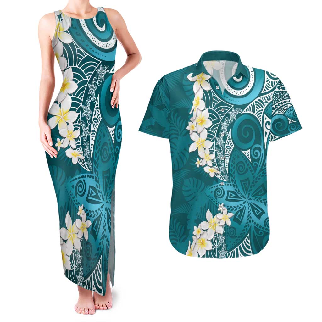 Cyan Polynesian Tribal Frangipani Tropical Vibe Couples Matching Tank Maxi Dress and Hawaiian Shirt LT14 Cyan - Polynesian Pride