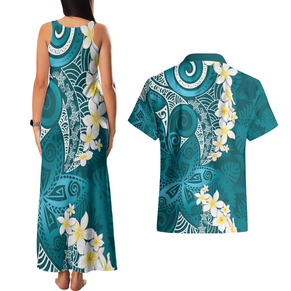 Cyan Polynesian Tribal Frangipani Tropical Vibe Couples Matching Tank Maxi Dress and Hawaiian Shirt LT14 - Polynesian Pride
