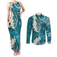 Cyan Polynesian Tribal Frangipani Tropical Vibe Couples Matching Tank Maxi Dress and Long Sleeve Button Shirt LT14 Cyan - Polynesian Pride