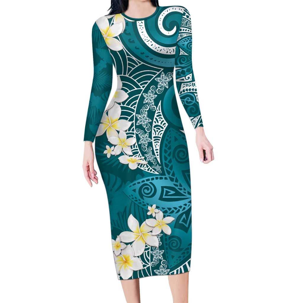 Cyan Polynesian Tribal Frangipani Tropical Vibe Family Matching Long Sleeve Bodycon Dress and Hawaiian Shirt LT14 Mom's Dress Cyan - Polynesian Pride