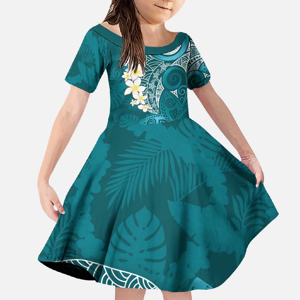 Cyan Polynesian Tribal Frangipani Tropical Vibe Family Matching Mermaid Dress and Hawaiian Shirt LT14 Daughter's Dress Cyan - Polynesian Pride